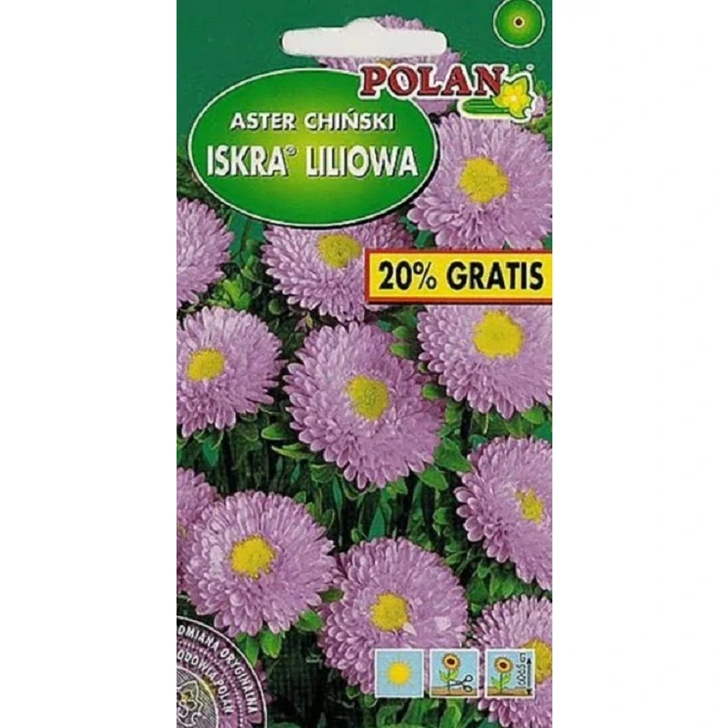 Přední strana balení semen astry Iskra s poloplnými světle fialovými květy
