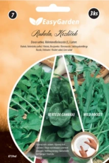 Sáček tří výsevných disků s vyobrazením listů rukoly, kozlíčku polníčku a rokety Wild Rocket